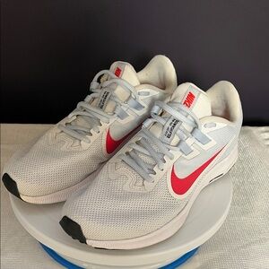 Nike White and Neon Red Downshifter Athletic Sneakers